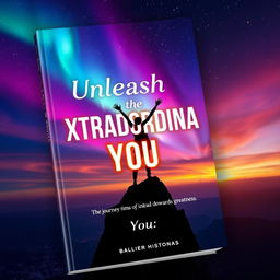 A captivating book cover featuring a silhouette of a person standing triumphantly on a cliff, arms raised towards a vast sky filled with stars and vibrant auroras, symbolizing infinite possibilities