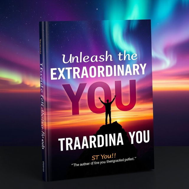 A captivating book cover featuring a silhouette of a person standing triumphantly on a cliff, arms raised towards a vast sky filled with stars and vibrant auroras, symbolizing infinite possibilities