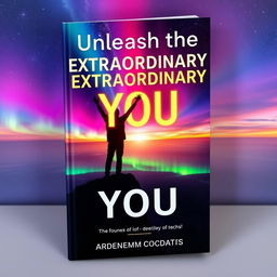 A captivating book cover featuring a silhouette of a person standing triumphantly on a cliff, arms raised towards a vast sky filled with stars and vibrant auroras, symbolizing infinite possibilities
