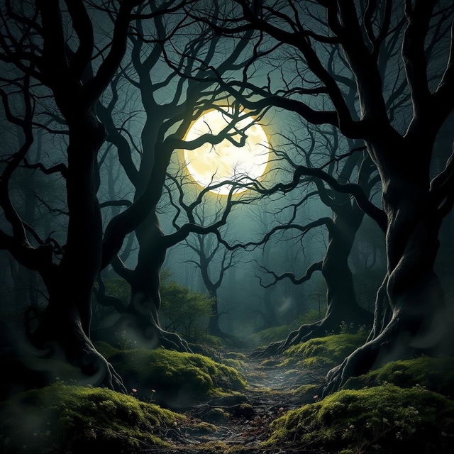 A captivating gothic forest bathed in the luminous glow of a bright, full moon