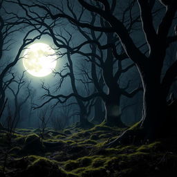 A captivating gothic forest bathed in the luminous glow of a bright, full moon