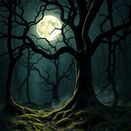 A captivating gothic forest bathed in the luminous glow of a bright, full moon