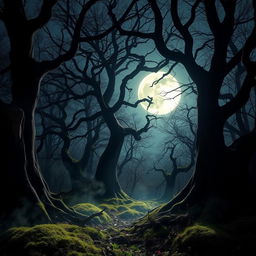 A captivating gothic forest bathed in the luminous glow of a bright, full moon