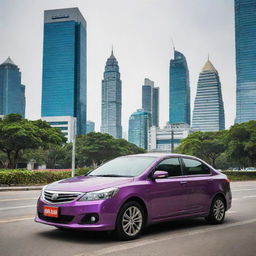 A stylish Thai car designed for urban life, featuring sleek design, cutting-edge technology, and painted in a vibrant color, set against a backdrop of bustling Bangkok with its mix of ultramodern skyscrapers and historic temples