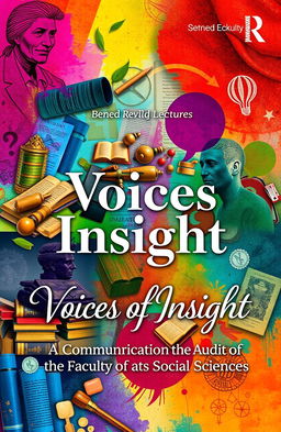 A captivating book cover design symbolizing exploration and discovery, focused on the theme of communication dynamics within the Faculty of Arts and Social Sciences