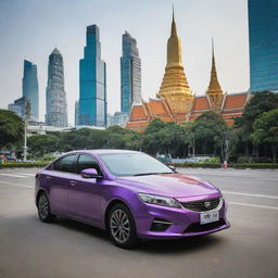 A stylish Thai car designed for urban life, featuring sleek design, cutting-edge technology, and painted in a vibrant color, set against a backdrop of bustling Bangkok with its mix of ultramodern skyscrapers and historic temples