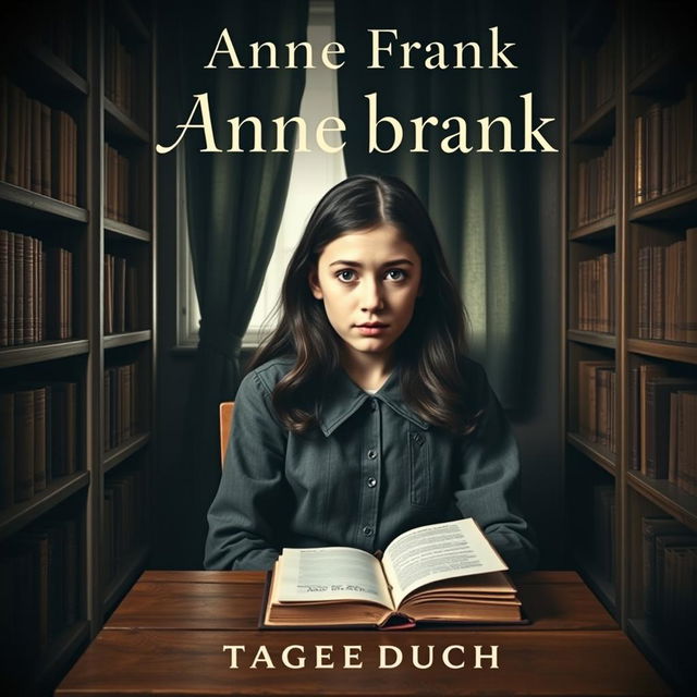 A book cover design featuring a Jewish teenage girl, around 15 years old, with long dark hair and deep expressive eyes, sitting alone in a secret room during World War II