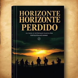 A captivating book cover for a novel titled 'Horizonte Perdido' that explores the themes of the Portuguese Colonial War