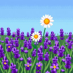 A charming pixel art scene depicting a single daisy growing amidst a field filled with vibrant lavender flowers