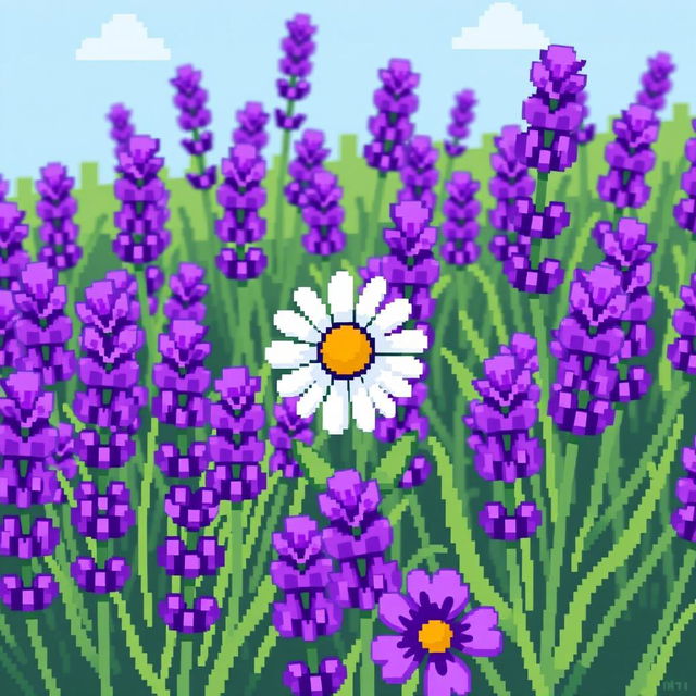 A charming pixel art scene depicting a single daisy growing amidst a field filled with vibrant lavender flowers