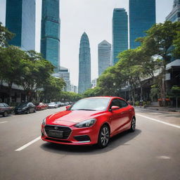 A stylish Thai car designed for urban life, featuring sleek design, cutting-edge technology, and painted in a vibrant color, set against a backdrop of bustling Bangkok with its mix of ultramodern skyscrapers and historic temples