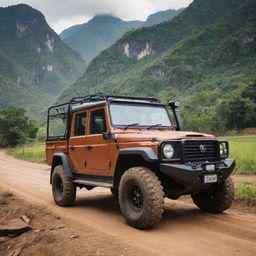 A durable Laotian off-road vehicle, designed for the diverse terrains of the country, blending a rugged, practical design with modern technology, traversing the rural landscapes of Laos with its untouched nature and ancient landmarks