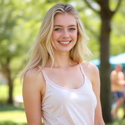 A young woman with blonde hair, smiling and posing in a casual tank top