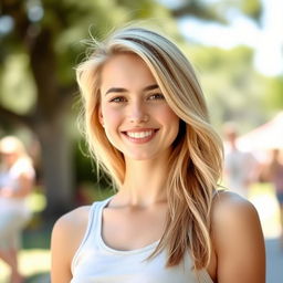 A young woman with blonde hair, smiling and posing in a casual tank top
