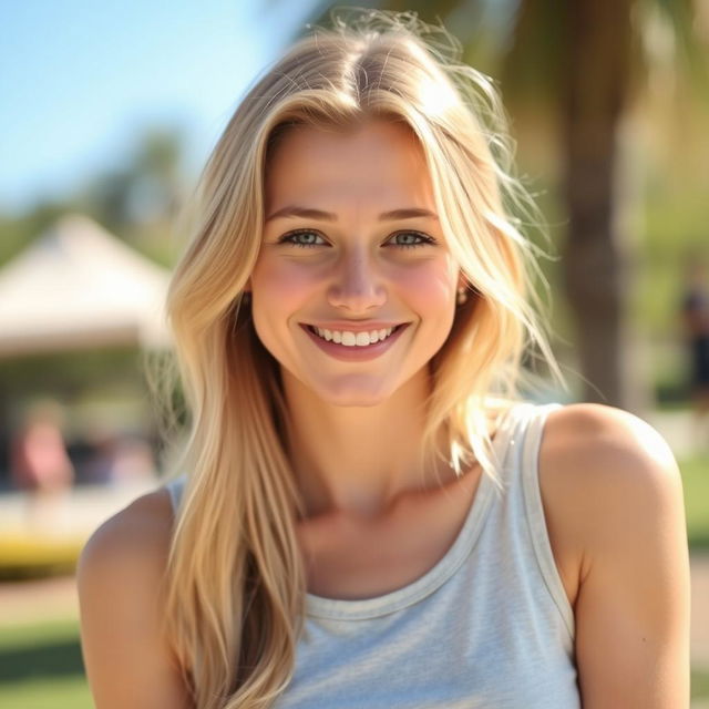 A young woman with blonde hair, smiling and posing in a casual tank top