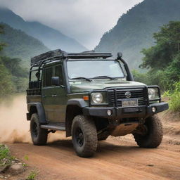 A durable Laotian off-road vehicle, designed for the diverse terrains of the country, blending a rugged, practical design with modern technology, traversing the rural landscapes of Laos with its untouched nature and ancient landmarks