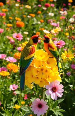 Two vibrant birds perched on a bright yellow bouquet of flowers, surrounded by a lush garden background filled with greenery and various blooming flowers