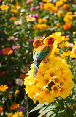 Two vibrant birds perched on a bright yellow bouquet of flowers, surrounded by a lush garden background filled with greenery and various blooming flowers