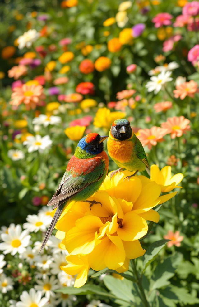 Two vibrant birds perched on a bright yellow bouquet of flowers, surrounded by a lush garden background filled with greenery and various blooming flowers