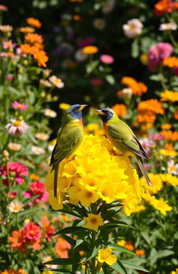 Two vibrant birds perched on a bright yellow bouquet of flowers, surrounded by a lush garden background filled with greenery and various blooming flowers