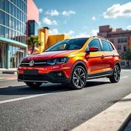 A sleek and modern Volkswagen Gol, showcasing its stylish design and dynamic features in a vibrant city setting
