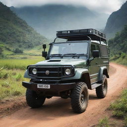 A durable Laotian off-road vehicle, designed for the diverse terrains of the country, blending a rugged, practical design with modern technology, traversing the rural landscapes of Laos with its untouched nature and ancient landmarks