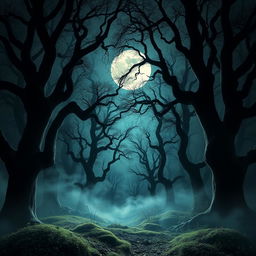 An enchanting gothic forest illuminated by the luminous glow of a bright, full moon
