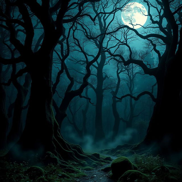 An enchanting gothic forest illuminated by the luminous glow of a bright, full moon