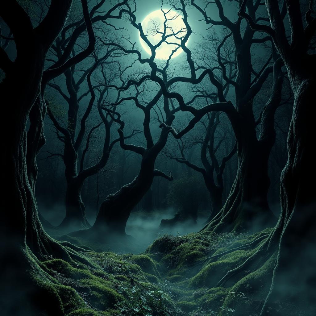 An enchanting gothic forest illuminated by the luminous glow of a bright, full moon