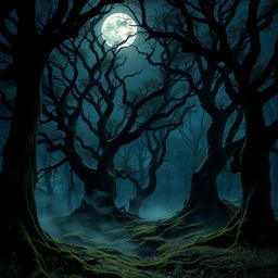 An enchanting gothic forest illuminated by the luminous glow of a bright, full moon
