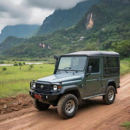 A durable Laotian off-road vehicle, designed for the diverse terrains of the country, blending a rugged, practical design with modern technology, traversing the rural landscapes of Laos with its untouched nature and ancient landmarks