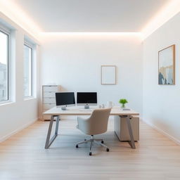 A minimalist office interior characterized by clean lines and a clutter-free environment