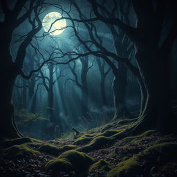 A striking gothic forest illuminated by the ethereal glow of a bright, full moon