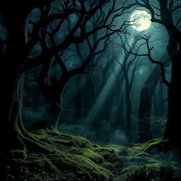 A striking gothic forest illuminated by the ethereal glow of a bright, full moon