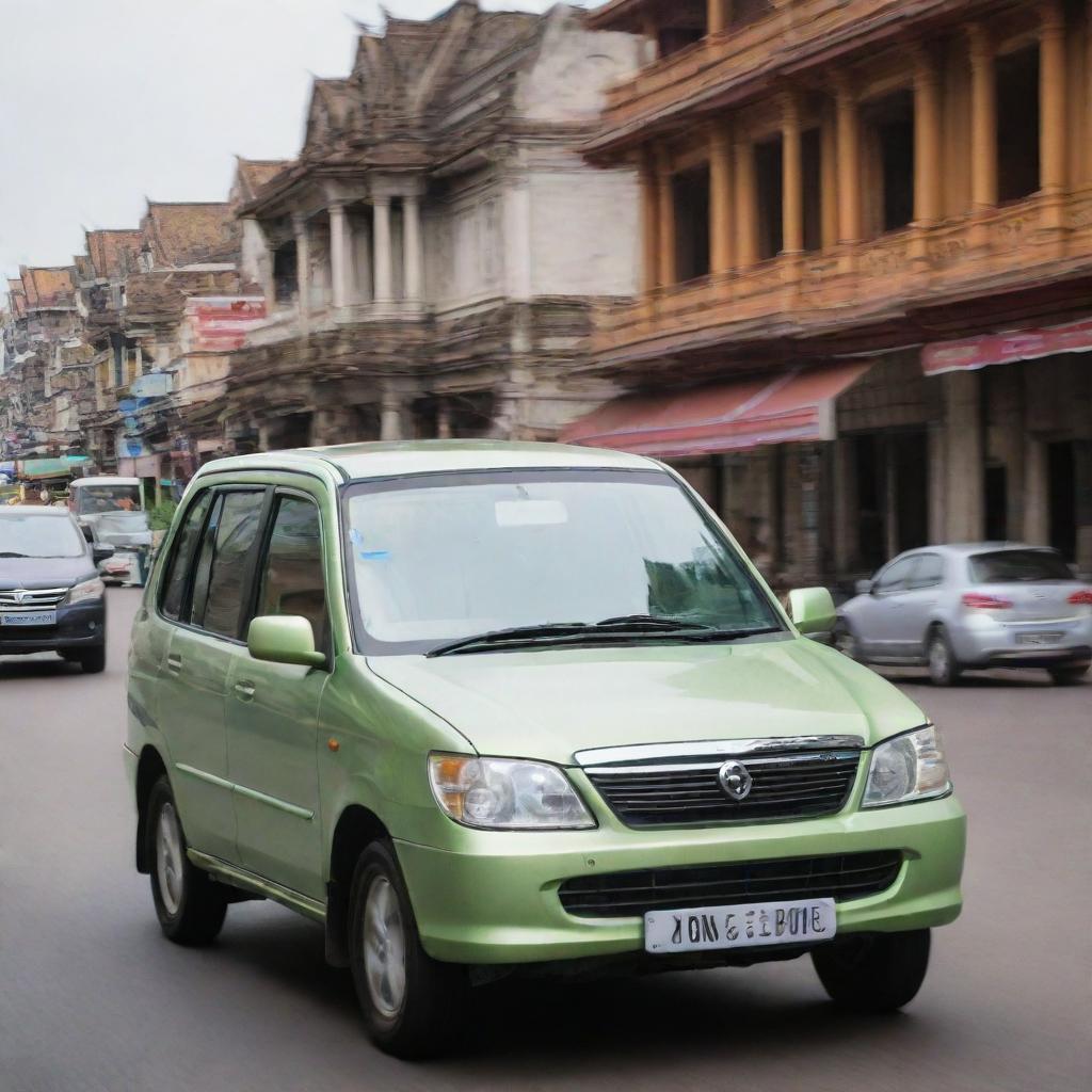 An eco-friendly Cambodian car, hybrid or electric, exhibiting a mix of traditional elegance and modern technology