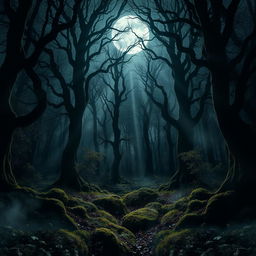 A striking gothic forest illuminated by the ethereal glow of a bright, full moon