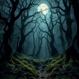 A striking gothic forest illuminated by the ethereal glow of a bright, full moon