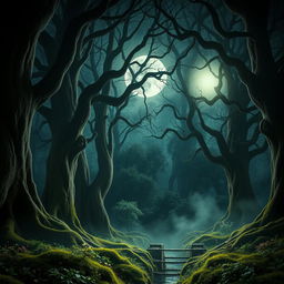 A mesmerizing gothic forest illuminated by the brilliant light of a bright, full moon