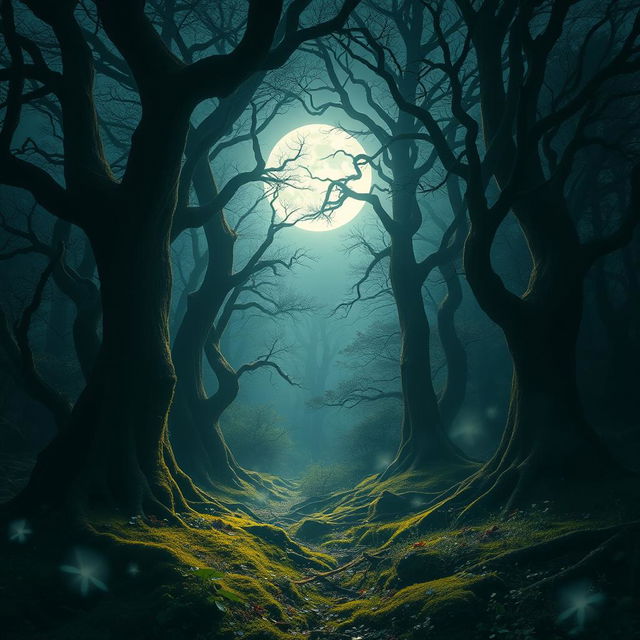 A mesmerizing gothic forest illuminated by the brilliant light of a bright, full moon