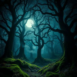 A mesmerizing gothic forest illuminated by the brilliant light of a bright, full moon