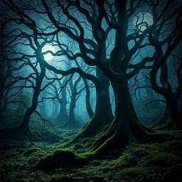 A mesmerizing gothic forest illuminated by the brilliant light of a bright, full moon