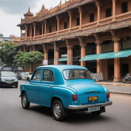 An eco-friendly Cambodian car, hybrid or electric, exhibiting a mix of traditional elegance and modern technology