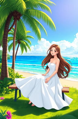 A young woman with long flowing hair wearing a beautiful white dress, sitting gracefully on a bench in a lush green park, near a sparkling blue beach