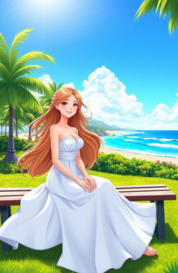 A young woman with long flowing hair wearing a beautiful white dress, sitting gracefully on a bench in a lush green park, near a sparkling blue beach