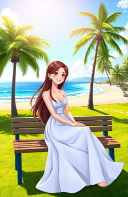 A young woman with long flowing hair wearing a beautiful white dress, sitting gracefully on a bench in a lush green park, near a sparkling blue beach