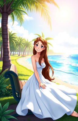 A young woman with long flowing hair wearing a beautiful white dress, sitting gracefully on a bench in a lush green park, near a sparkling blue beach