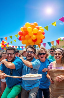 A vibrant and colorful scene showcasing a lively festival atmosphere with people participating in various contests