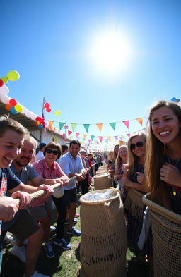 A vibrant and colorful scene showcasing a lively festival atmosphere with people participating in various contests