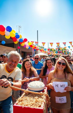 A vibrant and colorful scene showcasing a lively festival atmosphere with people participating in various contests