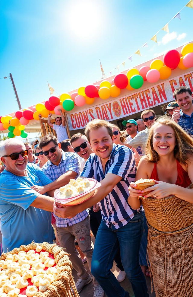 A vibrant and colorful scene showcasing a lively festival atmosphere with people participating in various contests